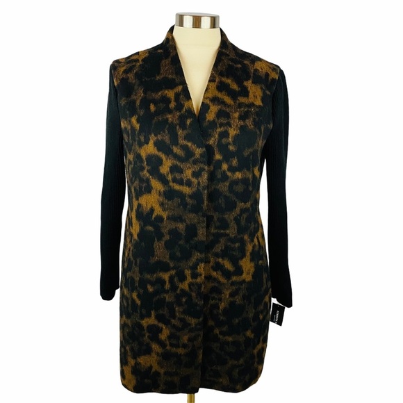 KENNETH COLE NEW YORK Rib Sleeve Leopard Coat M - Picture 2 of 11